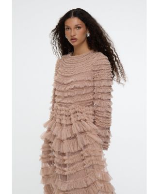 Women's Maxi With Self Print Modest Ruffle Dress