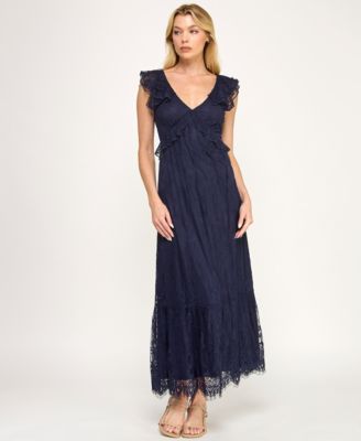 Juniors' V-Neck Ruffle Bust Lace Midi Dress