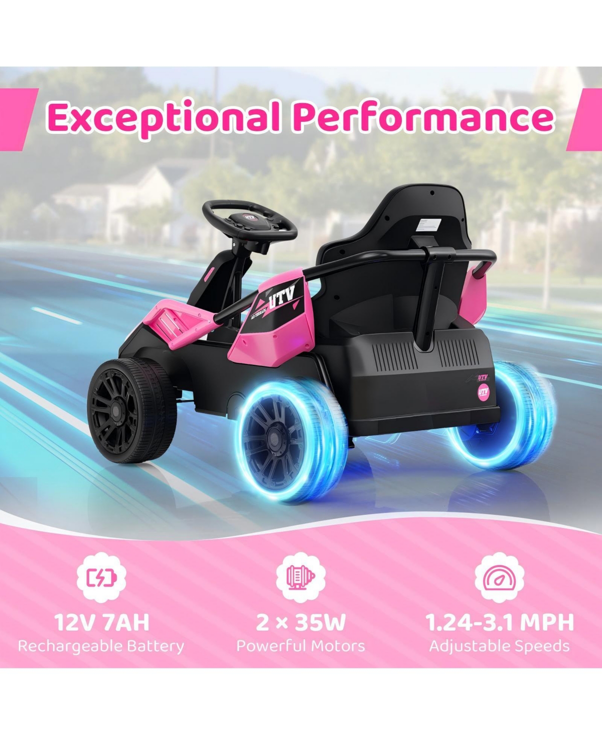 Hongge 12V Electric Ride-On Utv Car with Remote Control, Music, and Lights for Big Kids - Pink