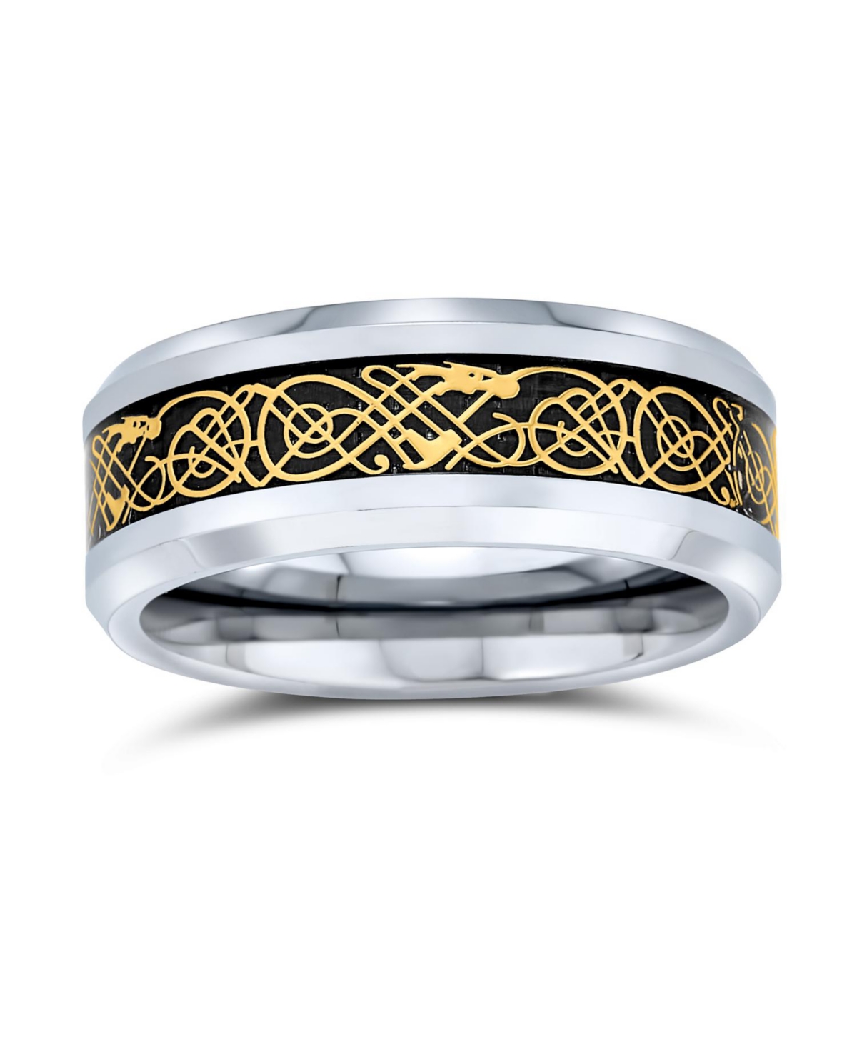Bling Jewelry Two-Tone Celtic Dragon Knot Carbon Fiber Inlay Band Ring 8MM Titanium