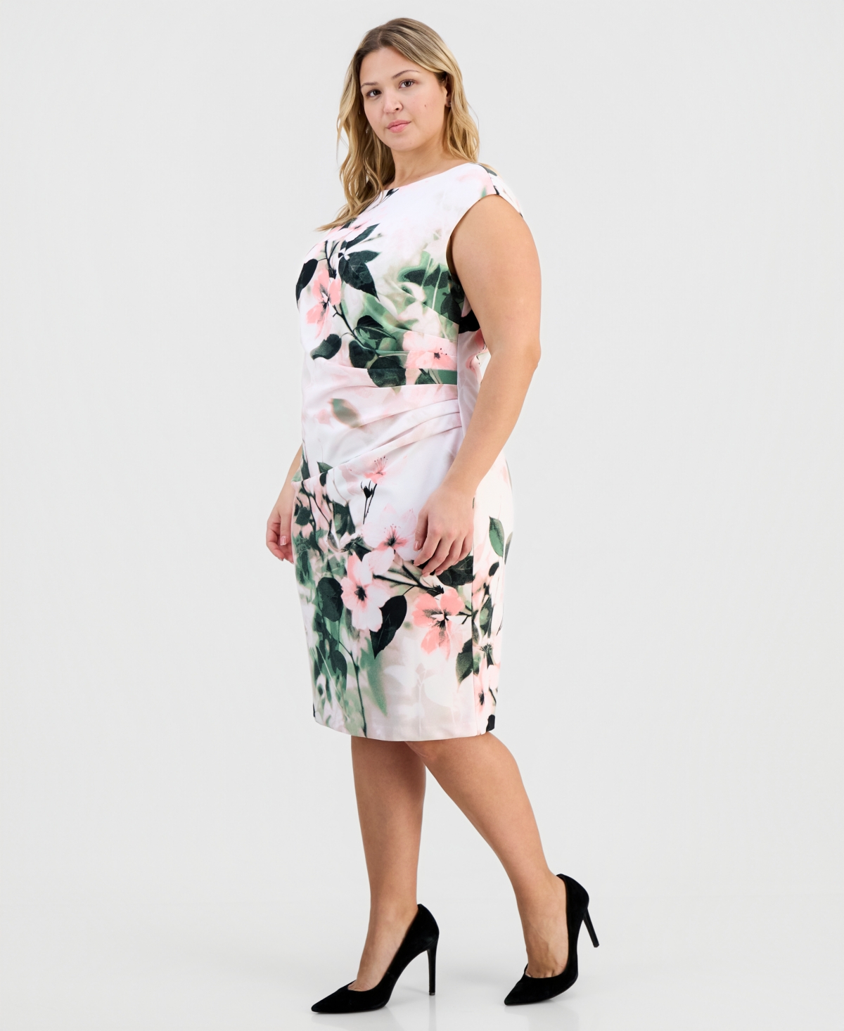 Kasper Plus Floral-Print Boat-Neck Scuba Dress