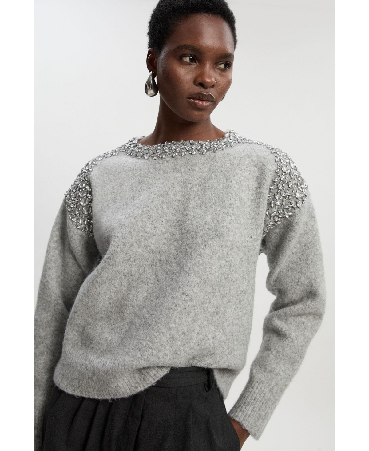 Karen Millen Women's Embellished Trim Cosy Knit Jumper