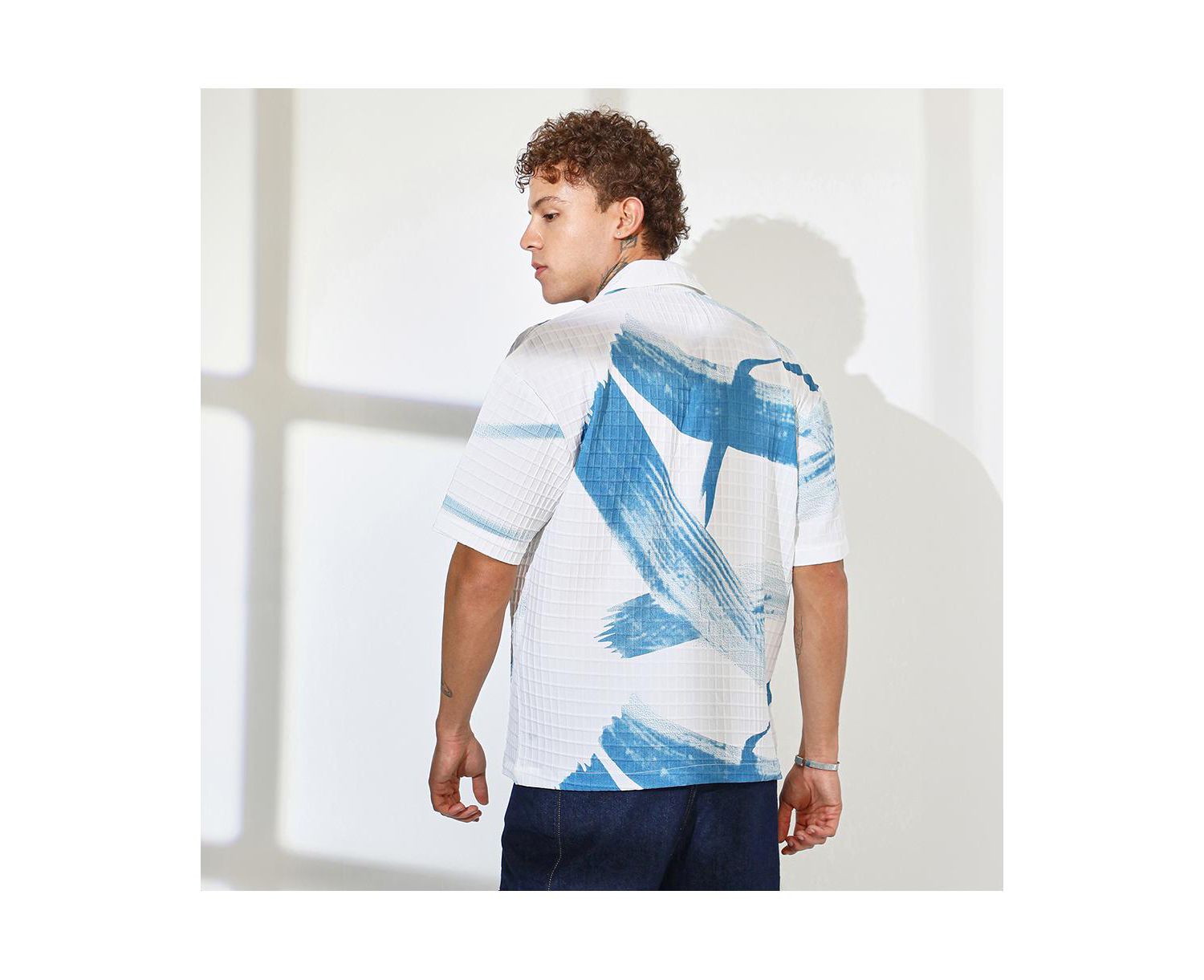 Men's Sky Blue & Chalk White Stroked Waffle Oversized Shirt