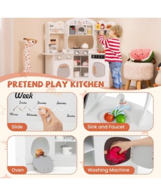 Corner Wooden Play Kitchen with Coffee Maker, Sink, and Slide for Kids - White