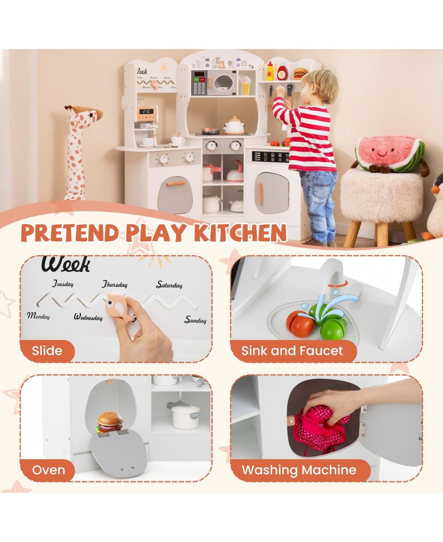 Детская игрушка HONGGE Wooden Play Kitchen with Slide and Coffee Maker, Ages 3+, цвет: Белый — фото 8