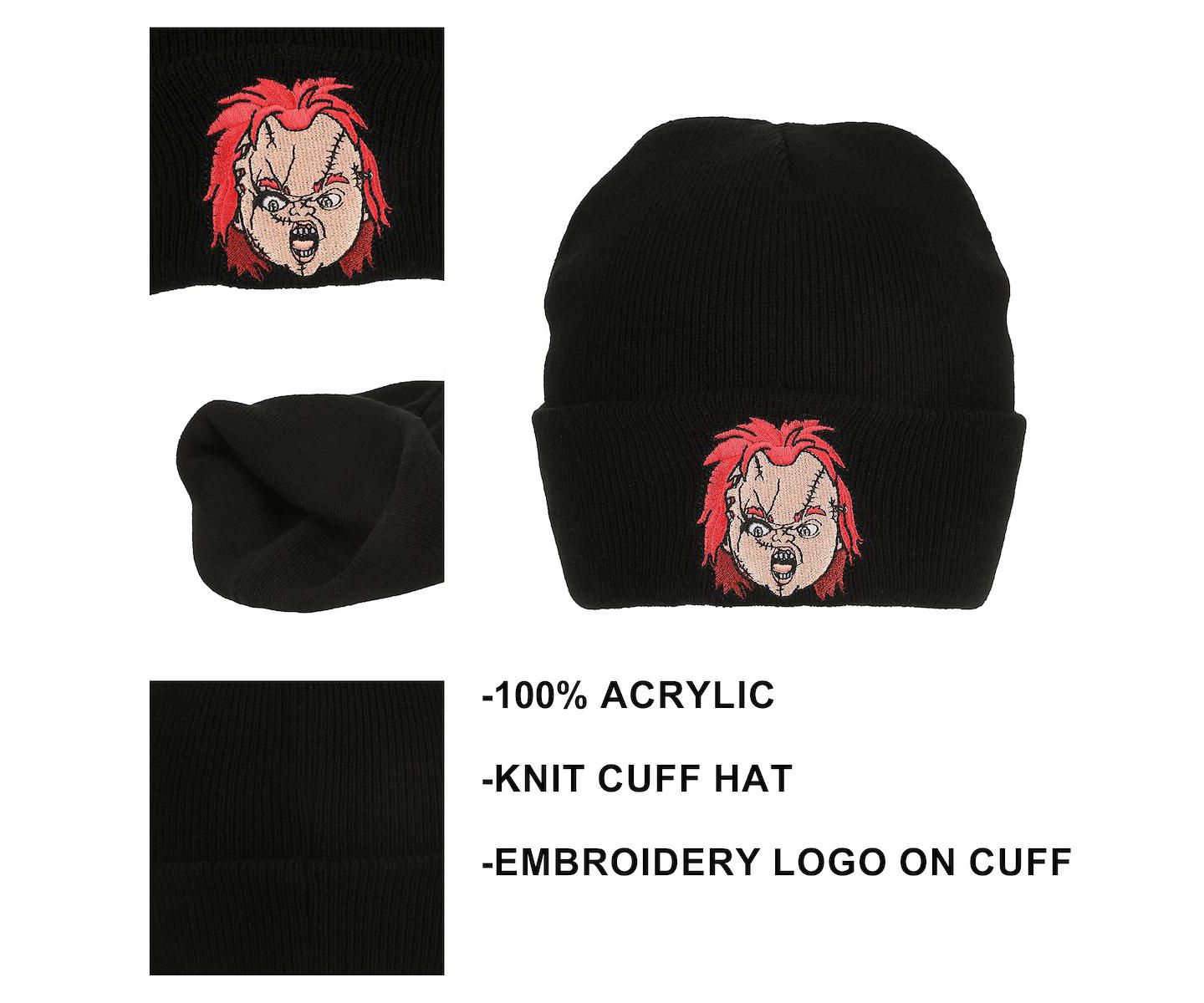 Мужская шапка Chucky Embroidery Black Acrylic Knit Standard Cuff Beanie, цвет: Чёрный — фото 2