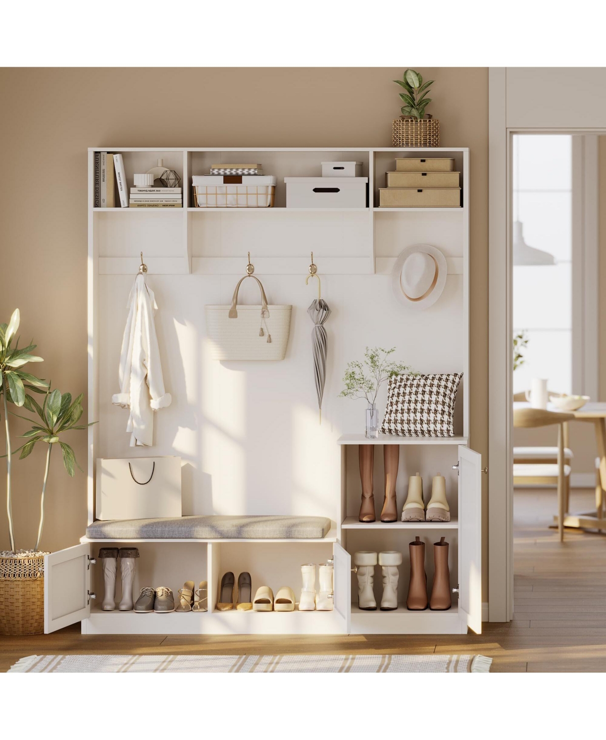 gaomon Hall Tree with Bench and Shoe Storage, 3-in-1 Farmhouse Entryway Bench with Coat Rack