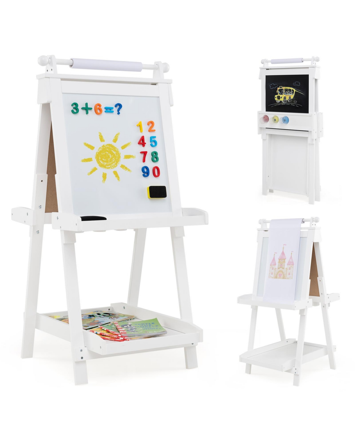 Hongge 3-in-1 Kids Art Easel with Chalkboard, Magnetic Whiteboard, and Paper Roll