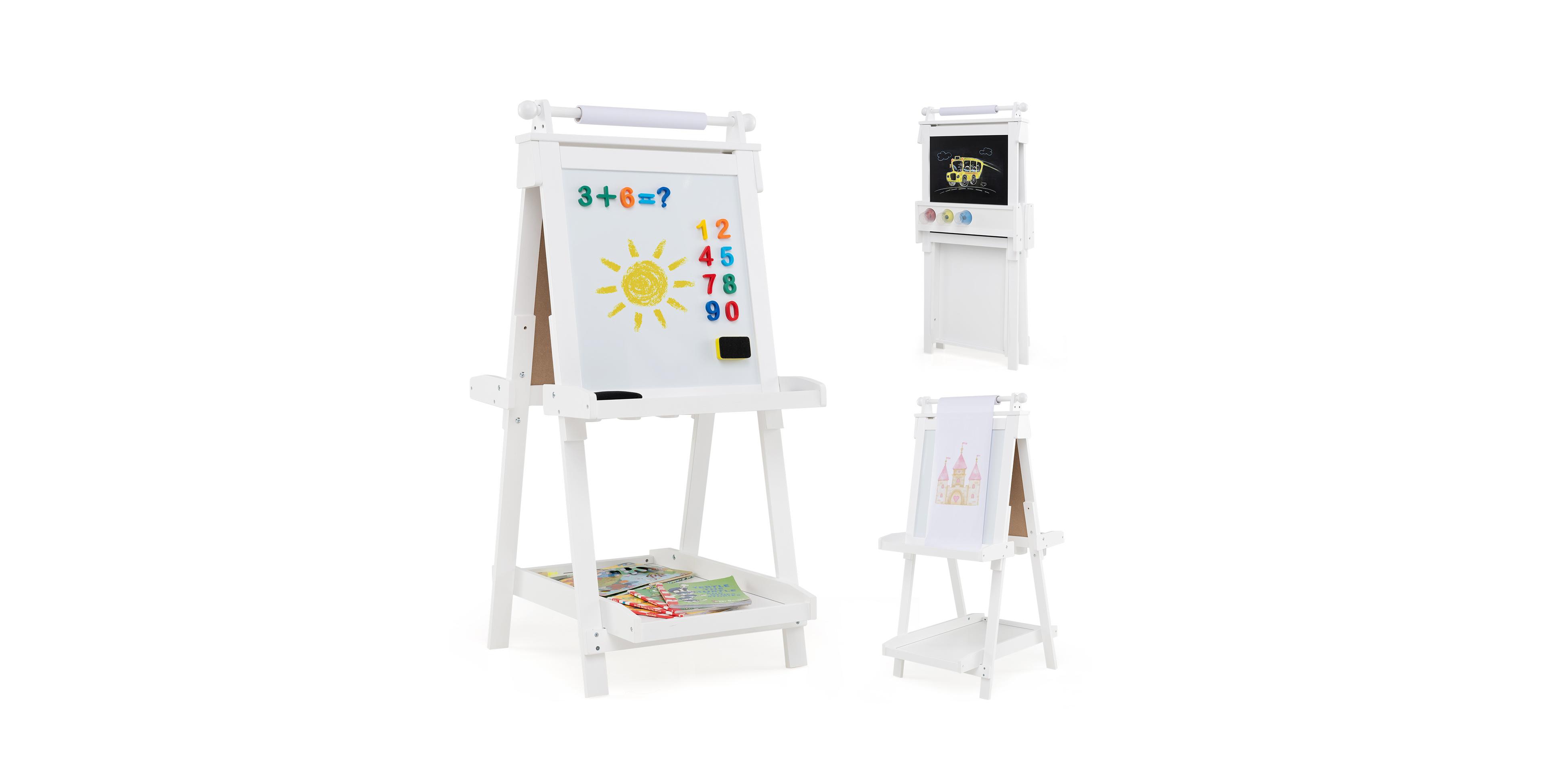 Hongge 3-in-1 Kids Art Easel with Chalkboard, Magnetic Whiteboard, and Paper Roll