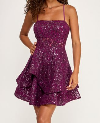 Juniors' Sequined Lace Spaghetti Strap Square-Neck Dress