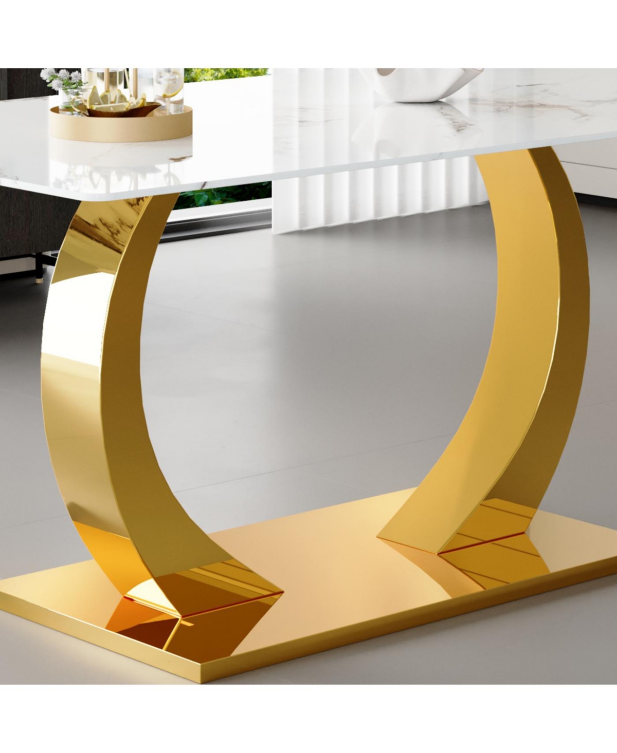 Streamdale Furniture Streamdale Transformable Stainless Steel Gold Base Dining Table, 63"x35", White Glass Top