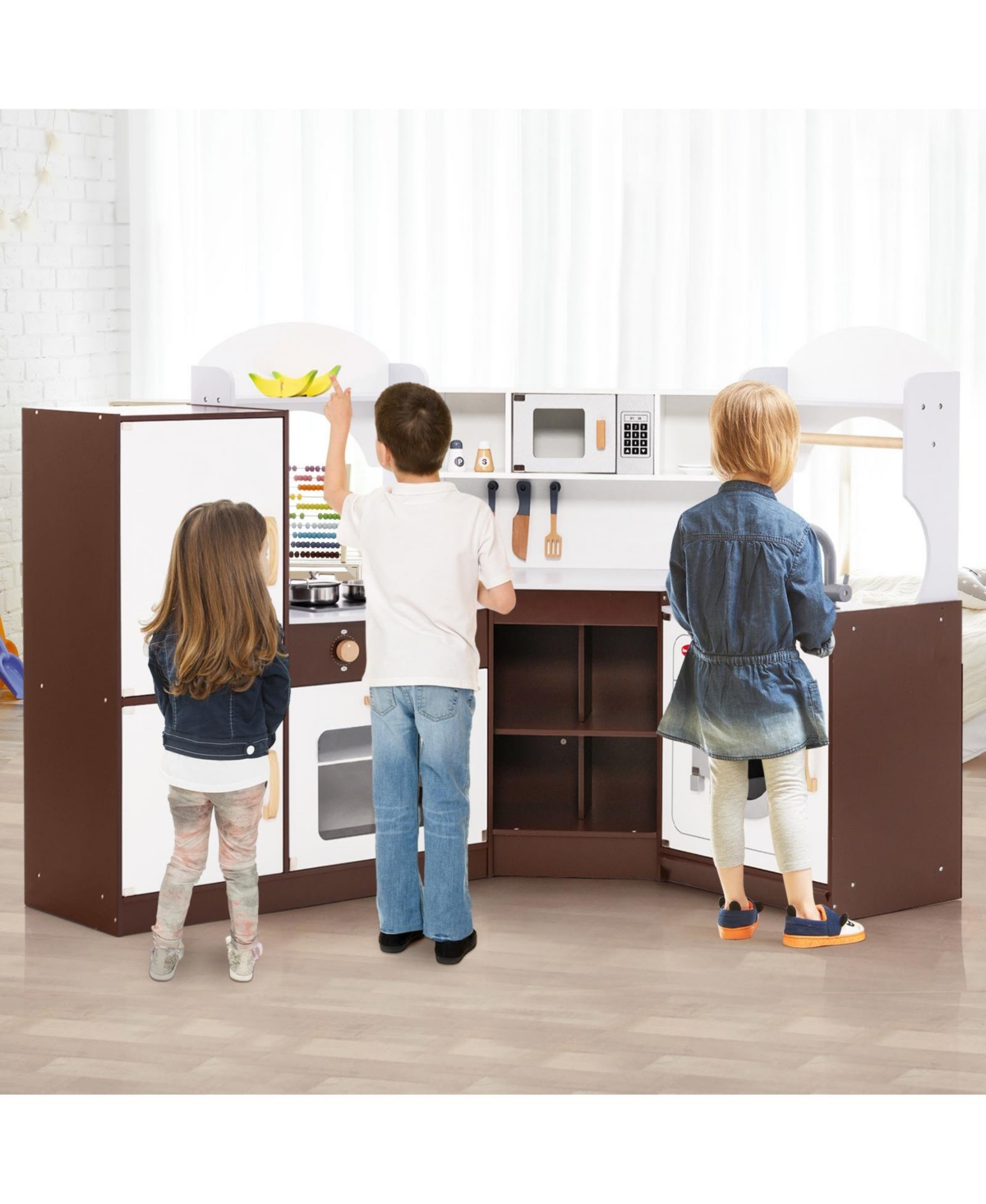 Hongge Toddler Kitchen Playset with Sink, Ice Maker, Microwave, and Washing Machine for Ages 3