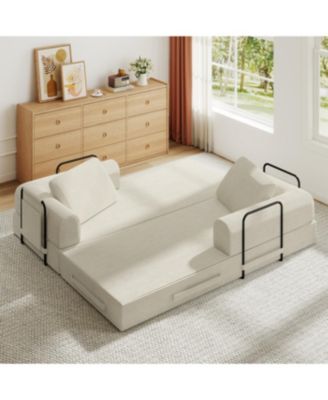 Convertible Sleeper Sofa Bed with Pillow - Corduroy Folding Mattress Couch - Beige