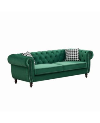 Chesterfield Velvet Sofa with Roll Armrest & Nailhead, Green