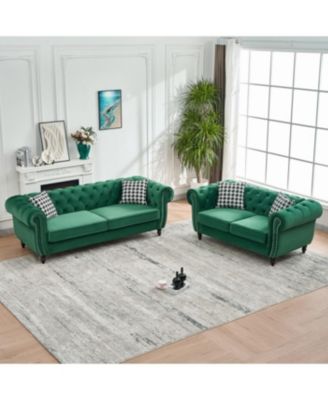 Streamdale 3+2 Seater Green Chesterfield Velvet Sofa with Roll Armrest & Nailhead