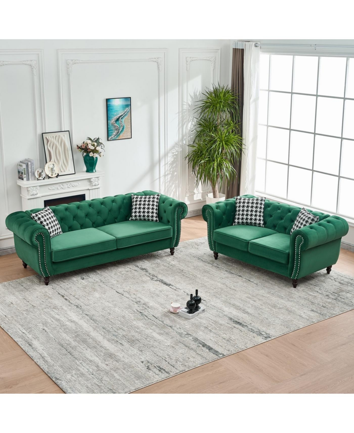 Streamdale 3+2 Seater Green Chesterfield Velvet Sofa with Roll Armrest & Nailhead