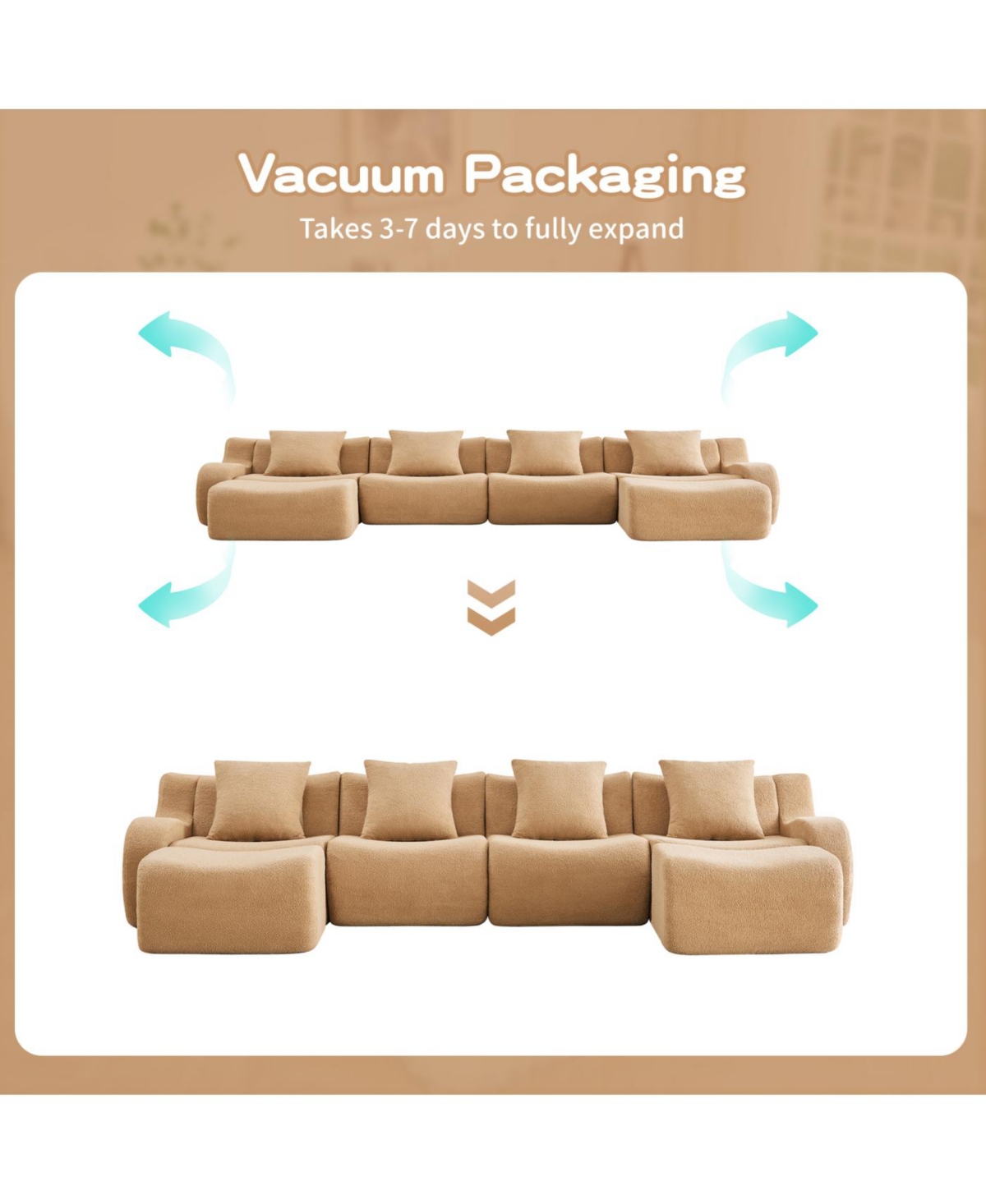 Streamdale Furniture U-Shaped Boneless Sofa, Teddy Fabric, Camel