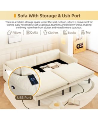 Streamdale 4-Seat Chenille Convertible Sleeper Sofa with Storage, USB & 2-in-1 Pillow - Beige/White