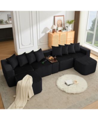 137.5" U-Shaped Sofa, USB/Wireless Charge, Cup Holder Table, Movable, 6 Seats, Black