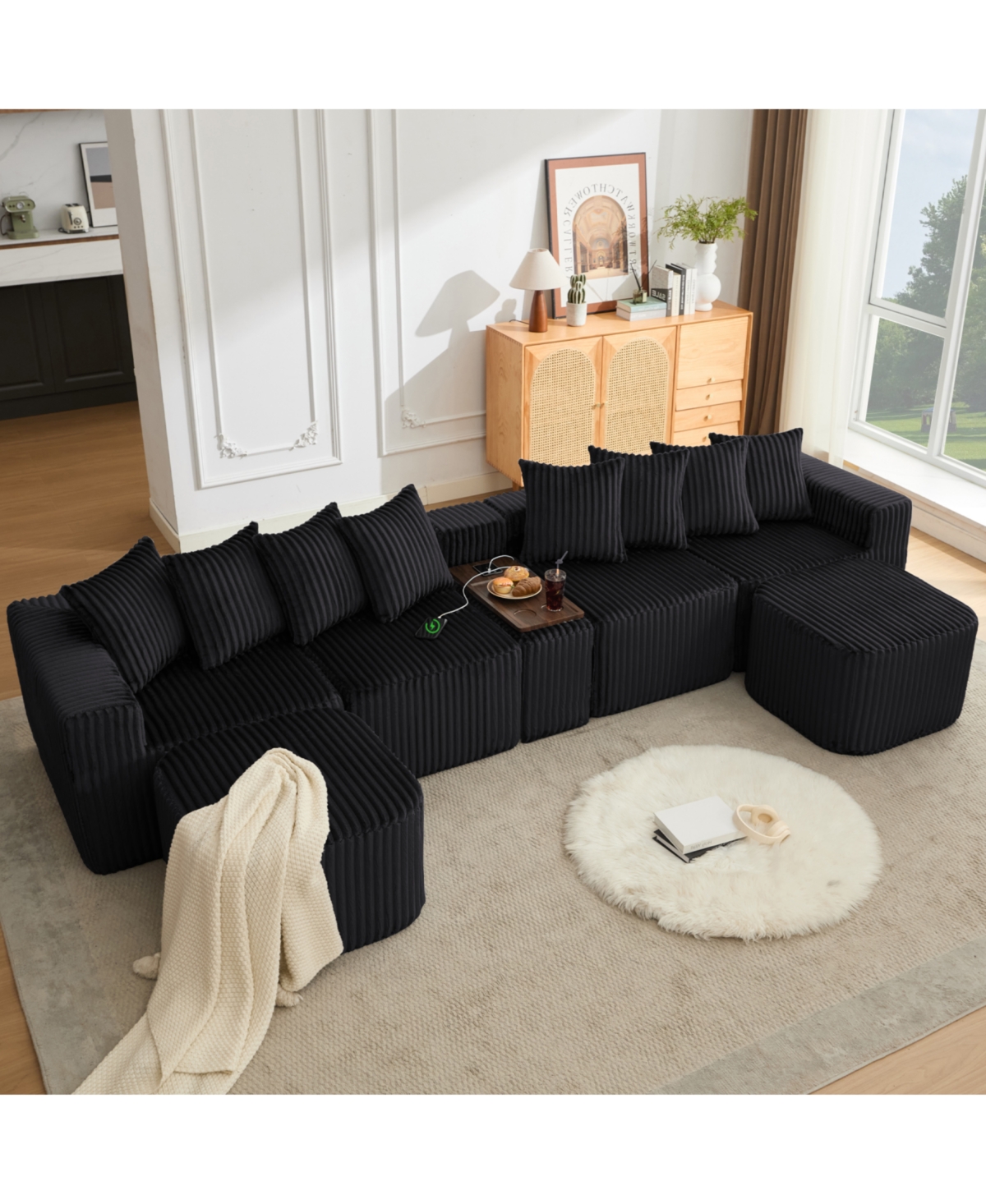 Streamdale Furniture 137.5" U-Shaped Sofa, Usb/Wireless Charge, Cup Holder Table, Movable, 6 Seats, Black