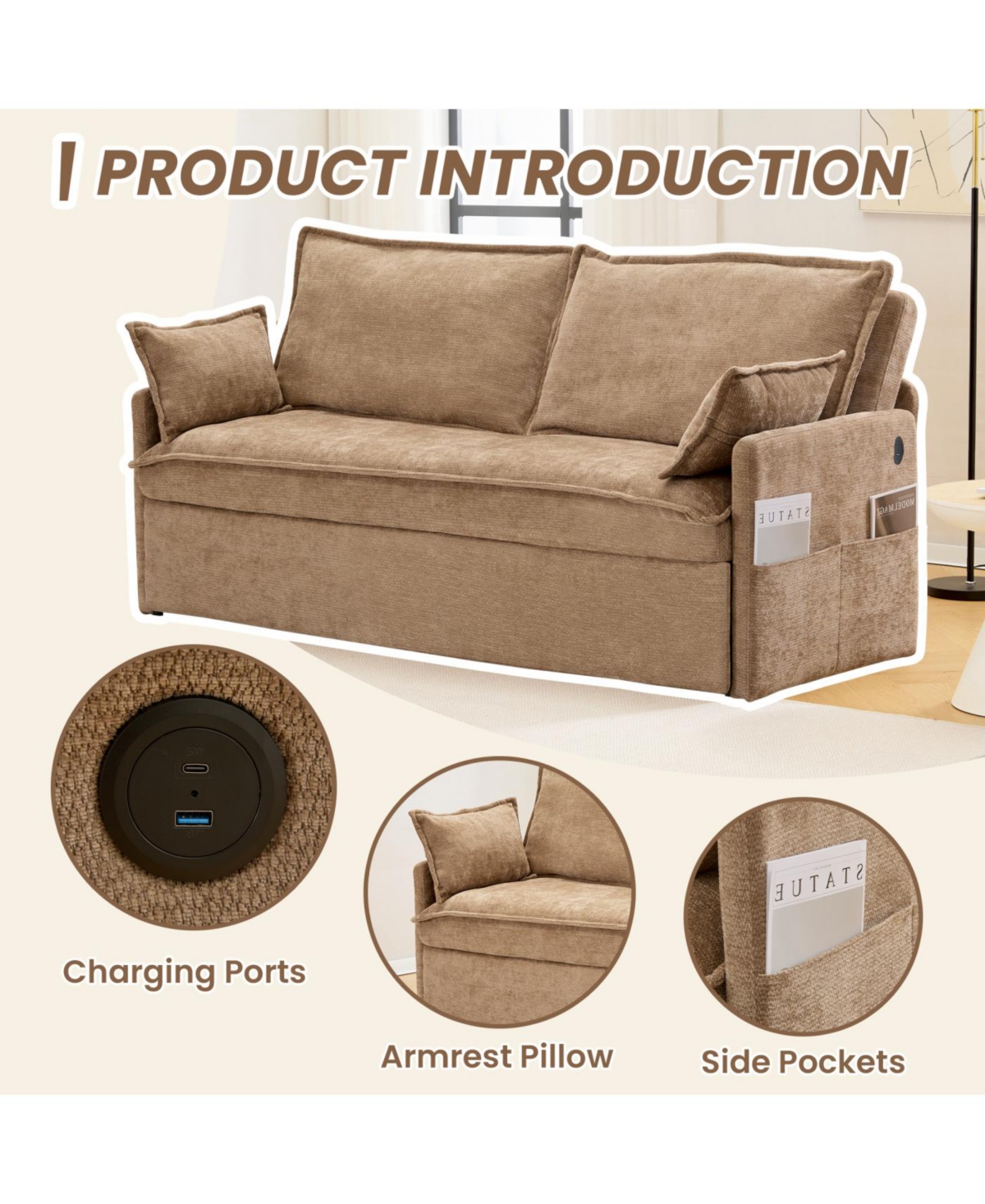 Streamdale Ergonomic Sofa Bed with Storage & Charging - Chenille Convertible Sleeper