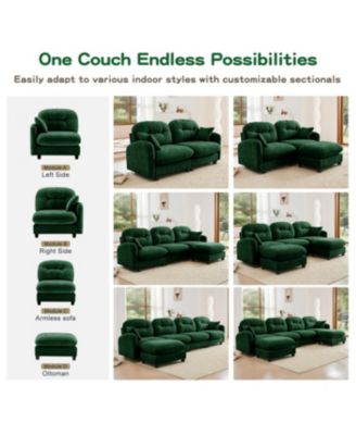 Modular L-Shaped Sectional Couch with Ottoman in Green Chenille