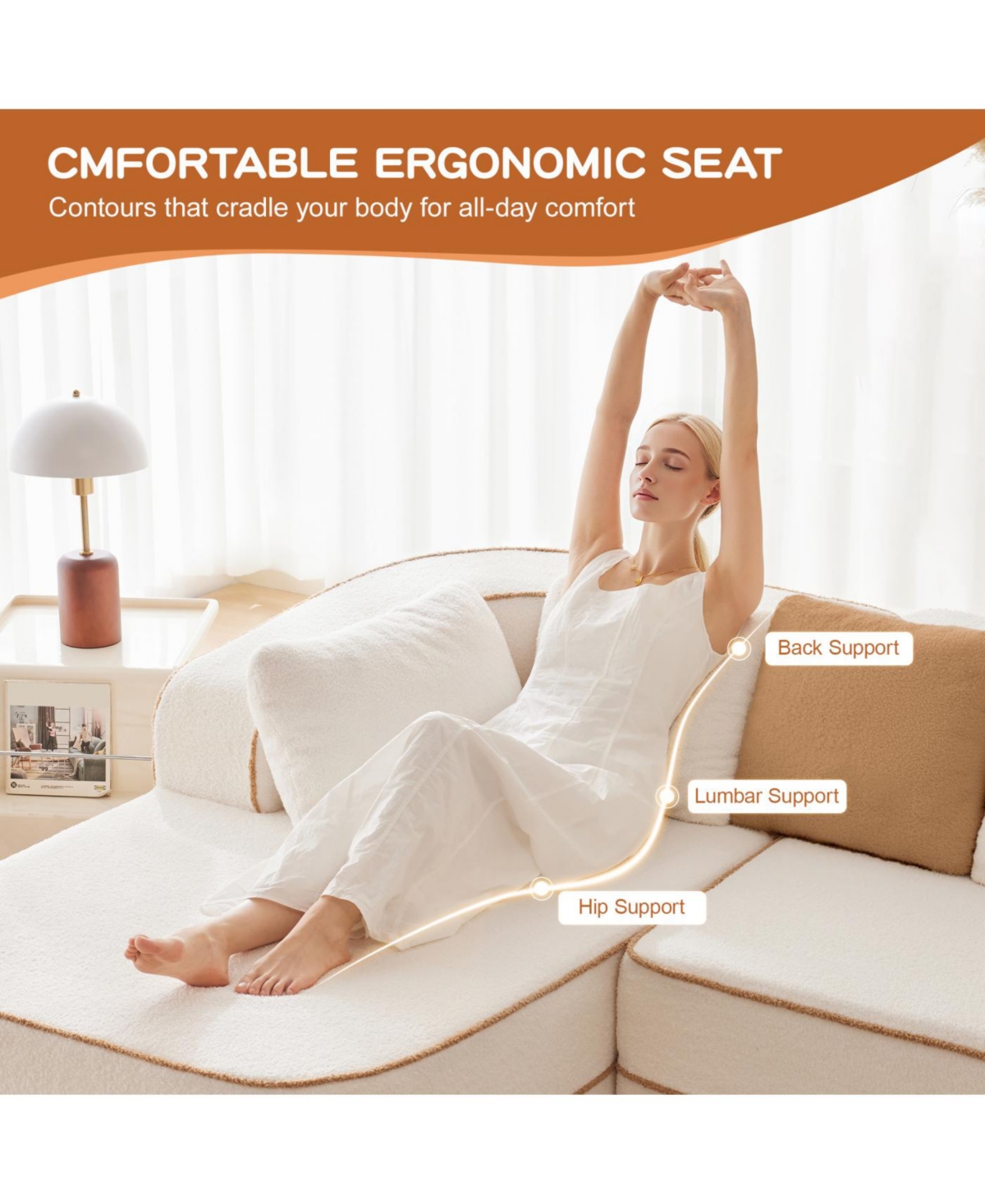 Streamdale Furniture Streamdale White L-Shaped Teddy Fabric Sofa with Chaise - No Assembly Required