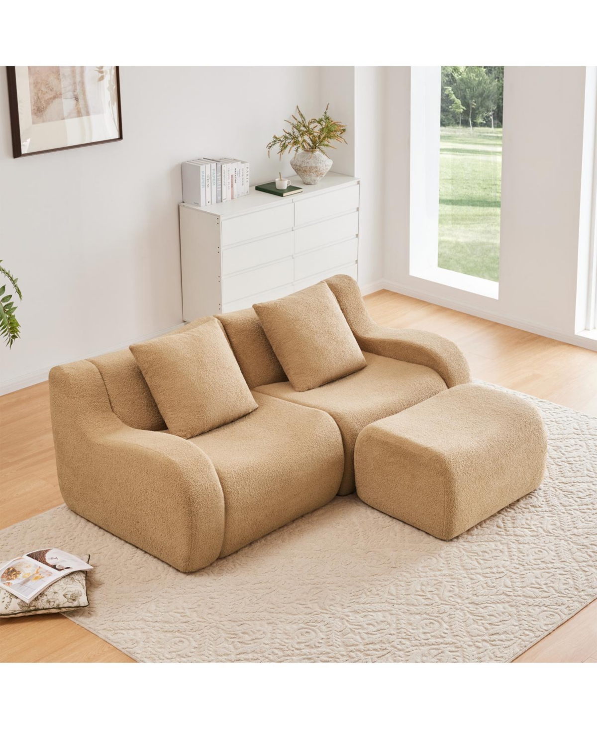 Streamdale L-Shaped Teddy Fabric 2-Seat Boneless Sofa, Camel