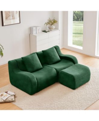 Streamdale L-Shaped Teddy Fabric 2-Seat Boneless Sofa, Curved Armrest, Streamlined & Ergonomic Design, Green