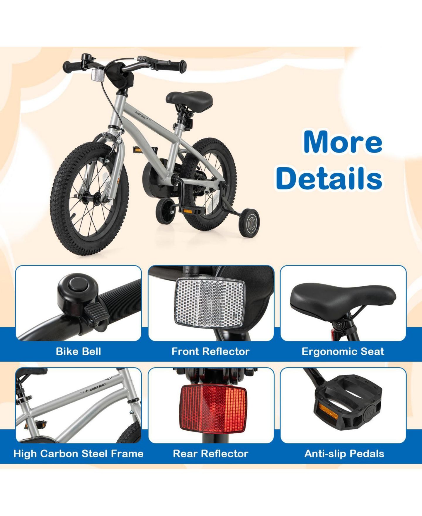 Детская игрушка HONGGE 14-Inch Kids' Bike with High-Carbon Steel Frame and Removable Training Wheels, Ages 3-5, цвет: Серебряный — фото 2