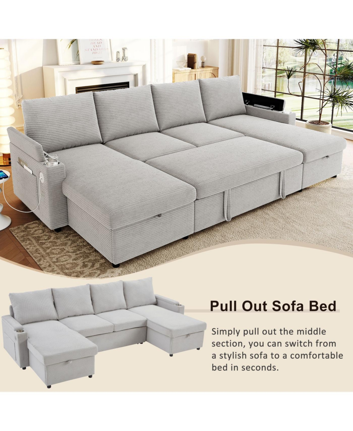 Streamdale Furniture Convertible U-Shaped Sectional Sofa with Storage, Cup Holders & Usb Ports, Black