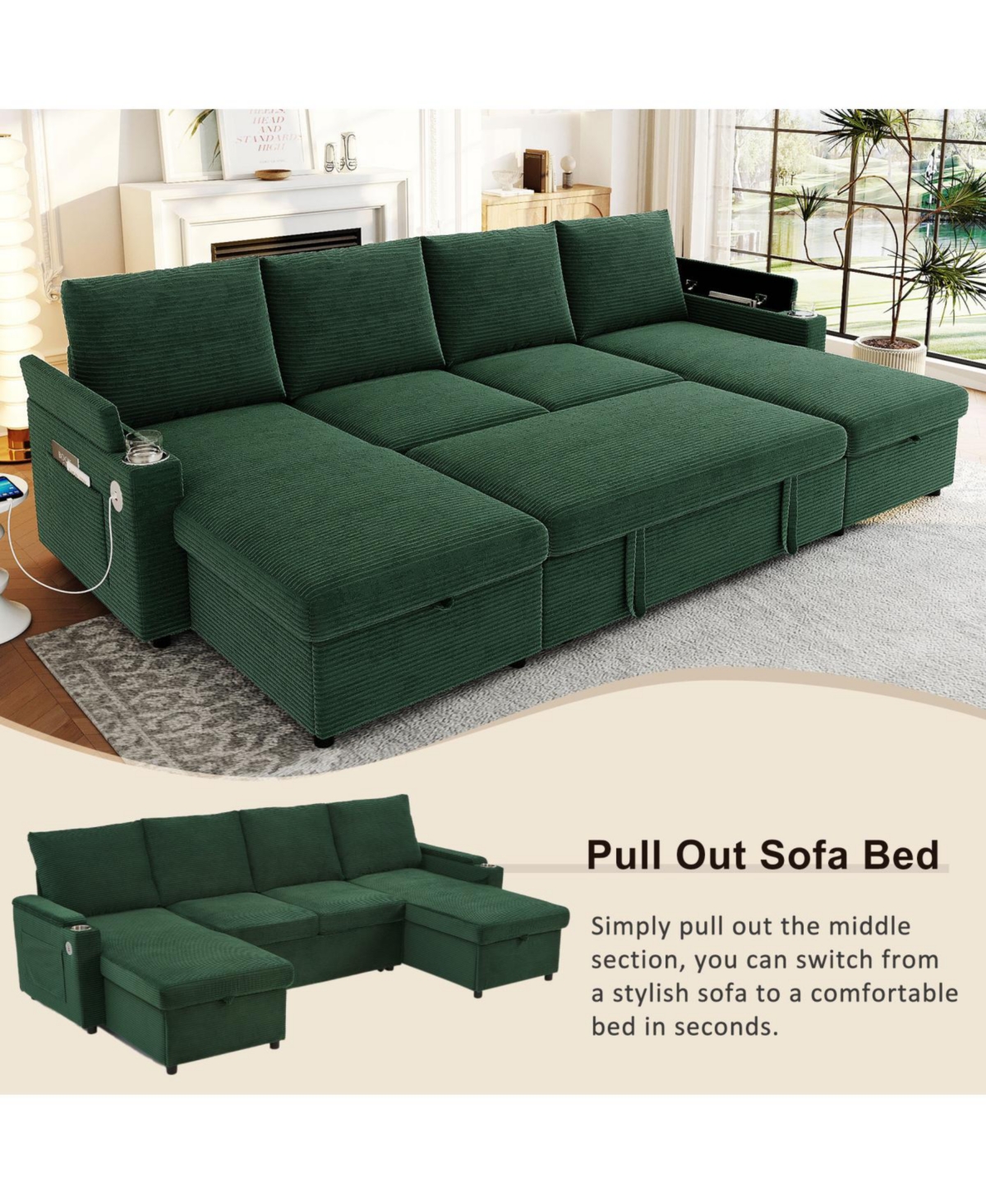 Streamdale Furniture Convertible U-Shaped Sectional Sofa with Storage, Cup Holders & Usb Ports, Black