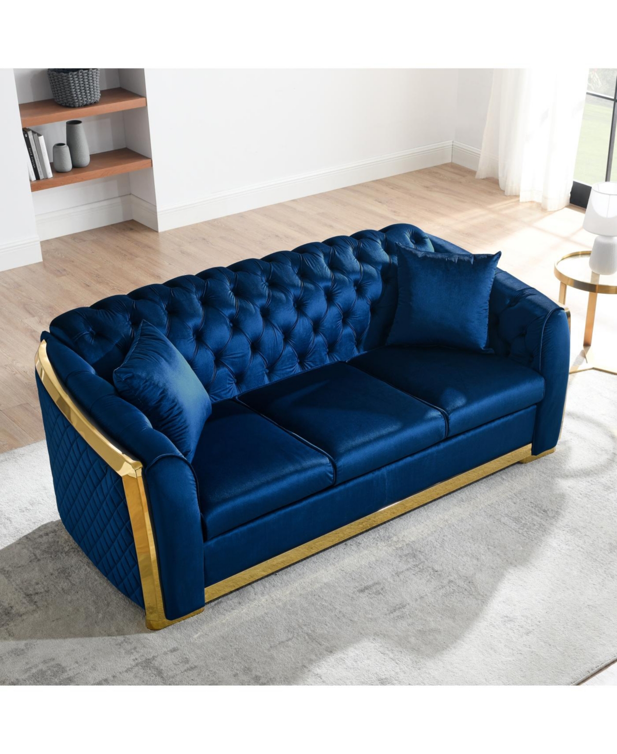 Streamdale Luxury Velvet Chesterfield Sofa Set, Tufted 3 Seat Couch with Gold Stainless, Navy Blue