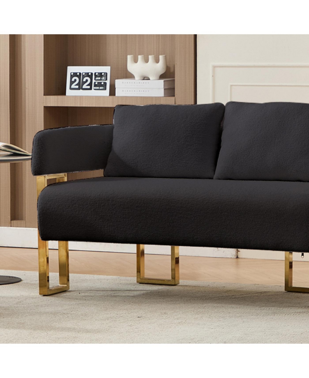 Streamdale Furniture Modern Teddy Fleece Upholstered Chair with Gold Metal Legs in Black