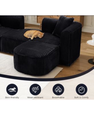 Luxury Modern Curved Corduroy Sectional Sofa, Minimalist Comfy Fluffy Couches, Black