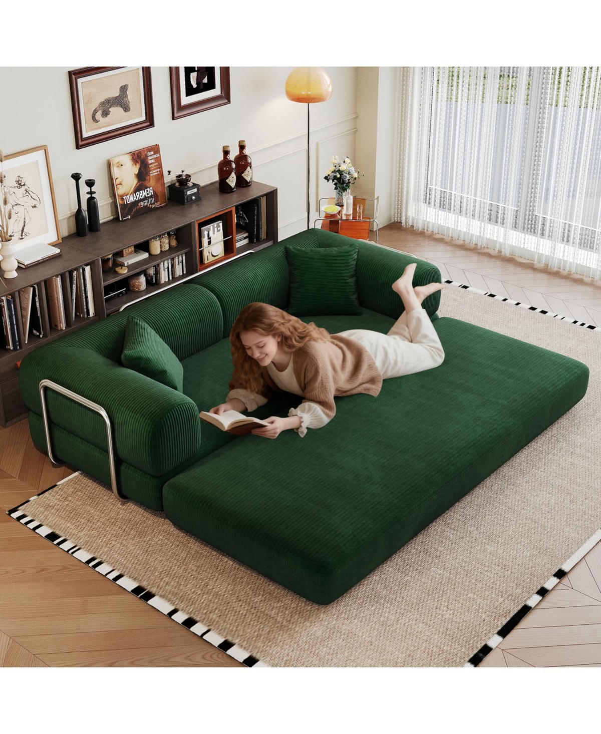 Streamdale Furniture Corduroy Compression Sofa Bed with Pillow Back Support - Green
