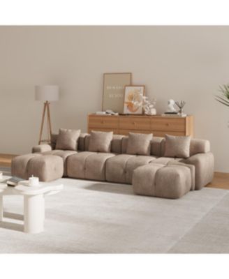 U-Shaped Sleeper Sectional Sofa, 6-Piece Modular Couch with Ottomans & Pillows, Taupe