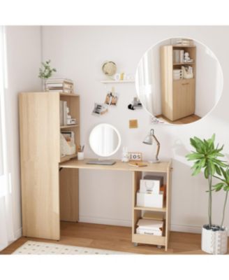 Streamdale Stretchable office desk with storage, wheels, foldable, burlywood