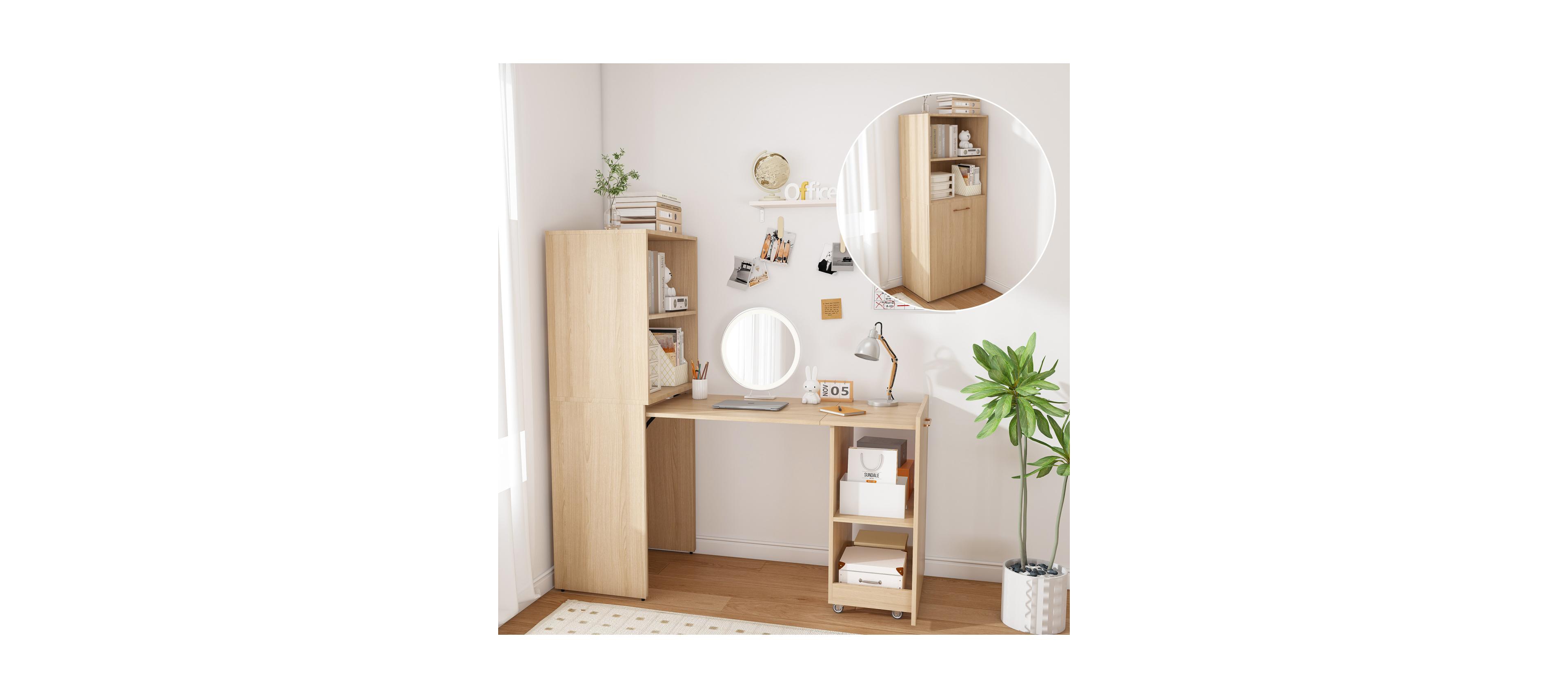 Streamdale Furniture Streamdale Stretchable office desk with storage, wheels, foldable, burlywood
