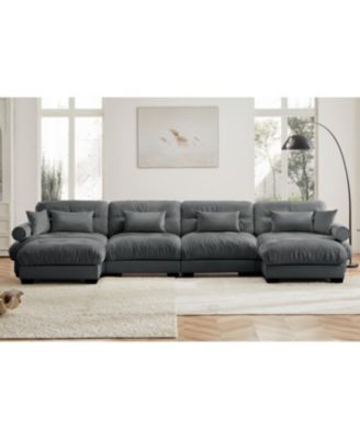 U Shaped Sectional Sofa Cloud Couch with Movable Ottomans, Convertible 4 Seater Grey Velvet Couch.