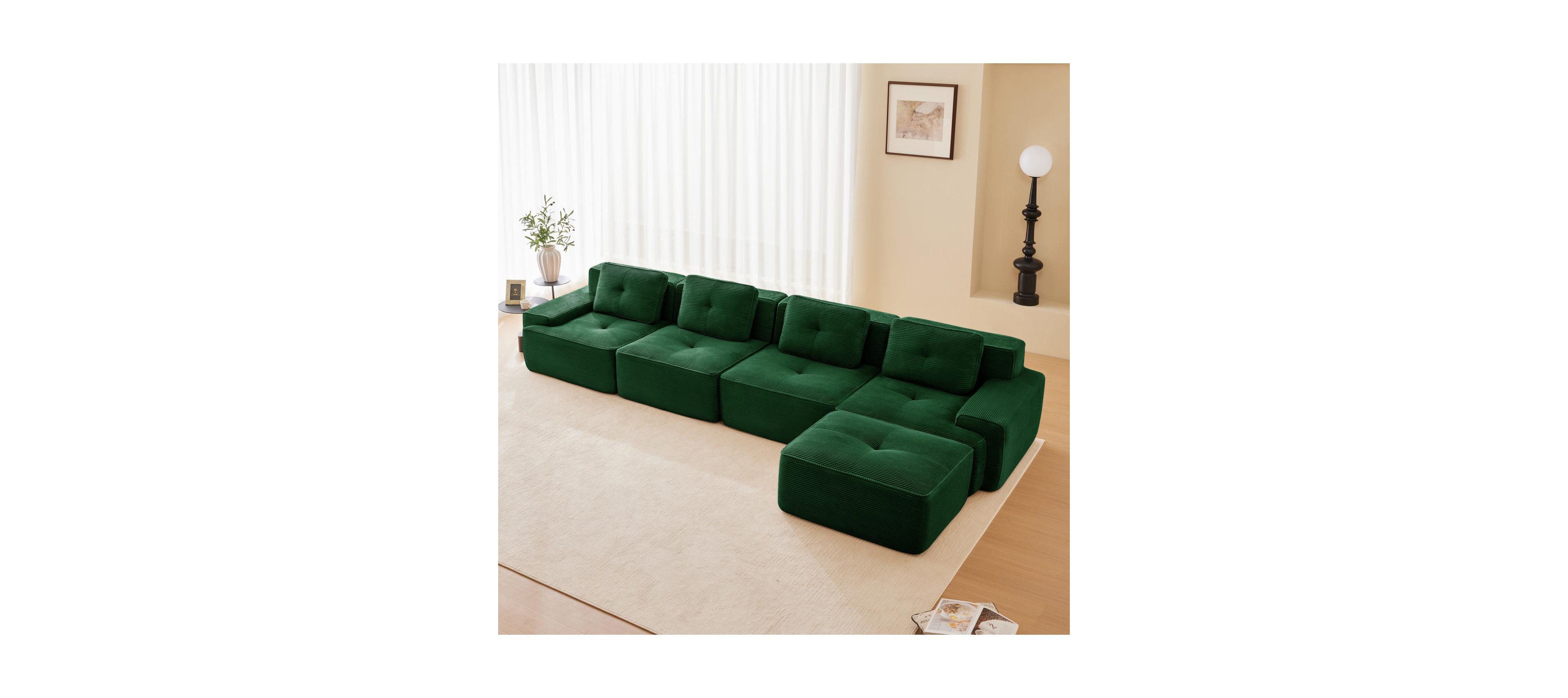 Streamdale Furniture Streamdale Modern L-Shaped Corduroy Sectional Sofa with Movable Ottoman - Green