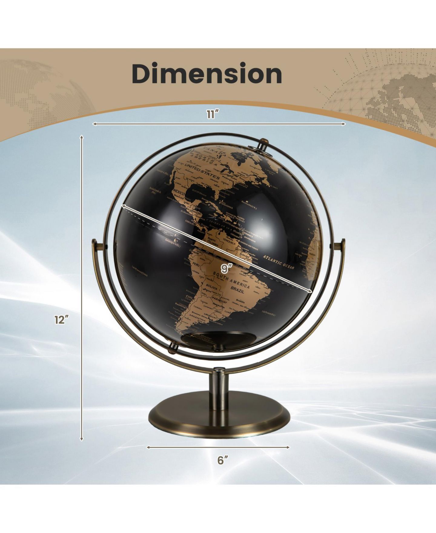Детская игрушка HONGGE 9-Inch World Globe Time Zone Globe, Ages 3+, цвет: Чёрный золотой — фото 3
