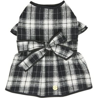 Dogs & Cats & Co. Soft Flannel Plaid Dog Dress with Velvet Bowties in Pink Size 14"