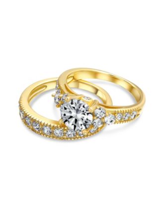 3CT Round Solitaire Side Stones Pave CZ Cubic Zirconia Promise Band Ring Set Gold Plated Silver