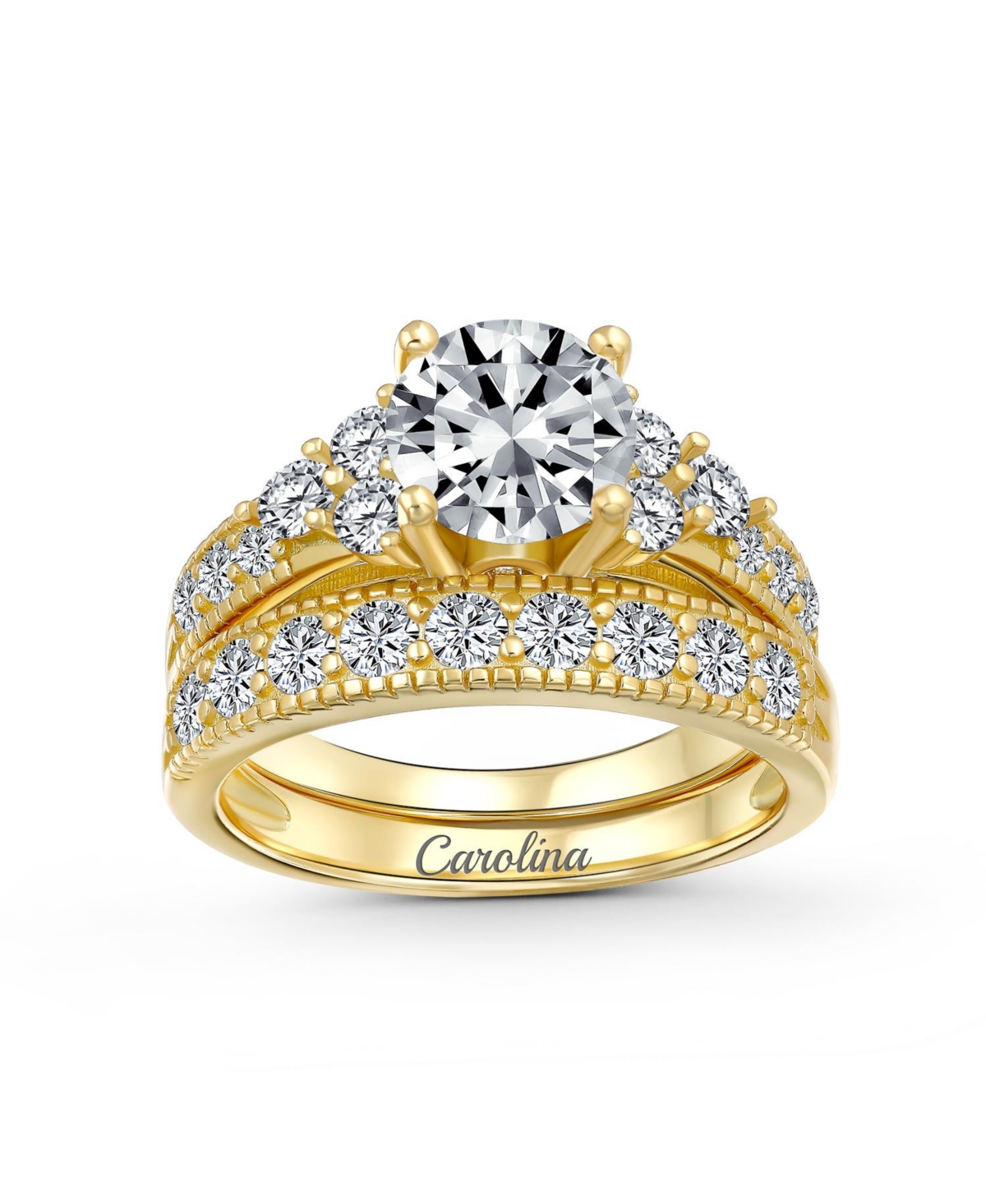 Bling Jewelry 3CT Round Solitaire Side Stones Pave Cz Cubic Zirconia Promise Band Ring Set Gold Plated Silver