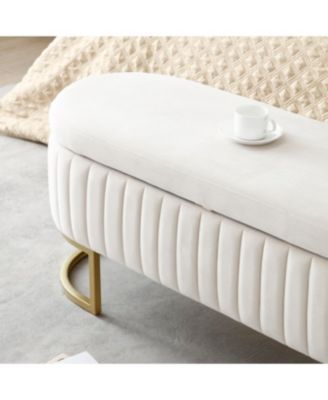 Velvet Oval Upholstered Storage Bench with Golden Metal Legs, 50" Beige