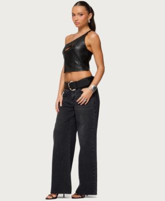 Womens Asymmetric Cutout Faux Leather Top