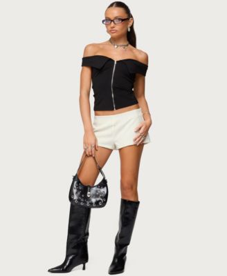 Women's Collared Off Shoulder Zip Up Top