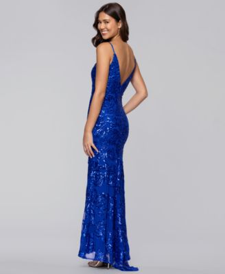 Juniors' Long Sequin Rose Patterned Notched Gown