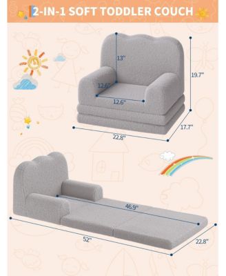 Kids Couch, 2-in-1 Convertible Teddy Fleece Fabric Toddler Sofa Chair, Soft Fold Out Couch Lounger for Kids